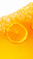 Close up photo of exotic drink with ice cubes and slices of sweet and sour citrus fruit, orange....