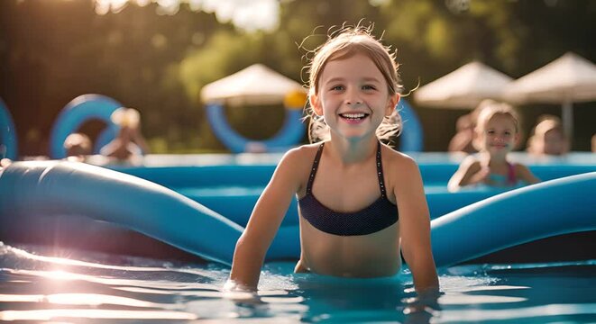 Happy child with float in the pool.	
