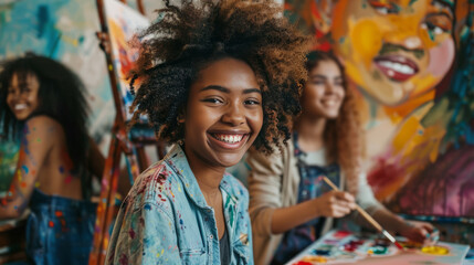 Obraz premium A group of women are painting a mural and one of them is smiling