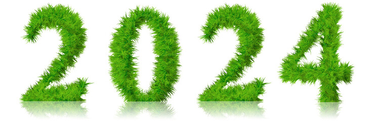 Concept conceptual 2024 year made of green summer lawn grass symbol isolated on white background. 3d illustration as a metaphor for future, nature, environment, organic growth, ecology, conservation