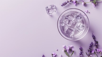 Obraz premium Glass of water with ice cubes on lavender background flowers
