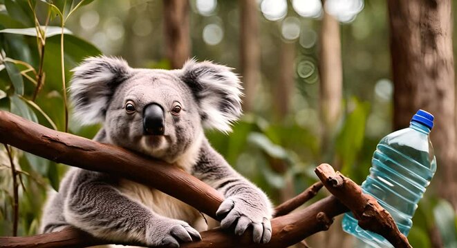 Koala with a bottle of water.	
