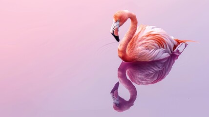 Naklejka premium Single pink flamingo standing in still water reflecting its image