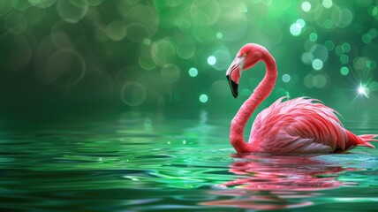 Pink flamingo stands in green water, illuminated by bokeh lights