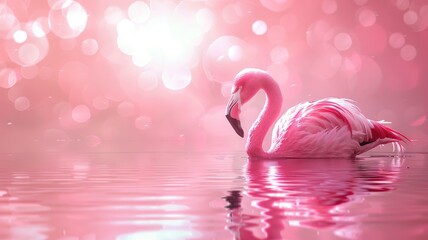 Elegant flamingo in pink water with bokeh background