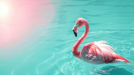 Vibrant pink flamingo gracefully floats on turquoise water under sunlight