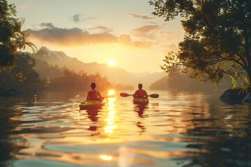 Two people kayaking on a serene lake during sunset, lush trees and mountains. Reflective water and warm colors create a peaceful, romantic perfect for capturing outdoor adventure and nature's beauty.