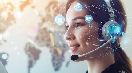 Close-up of a helpful customer service representative, double exposure merging with global communication symbols