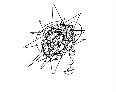 Continuous one line drawing of a woman with confused feelings worried about bad mental health. Problems, stress, sad and depression concept in doodle style. Liner Vector illustration