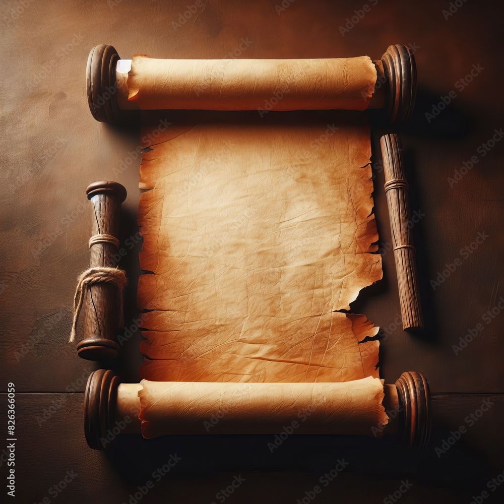 Poster Top view of an open ancient scroll, elegantly placed on a dark wooden table, evoking a sense of historical discovery.. AI Generation