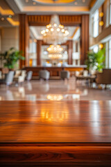 A polished wooden table in the foreground with a blurred background of a luxury hotel lobby. The background includes plush seating, elegant decors, a large chandelier, and a reception desk. 