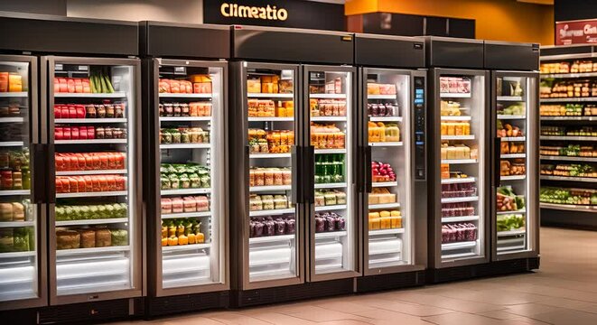 Refrigerators in a supermarket.	
