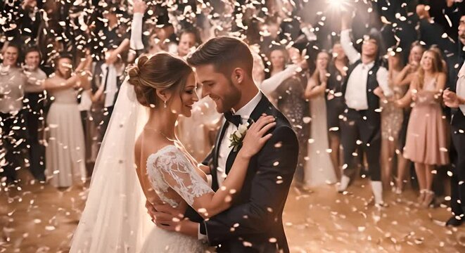 Bride and groom dancing at a wedding with confetti.	
