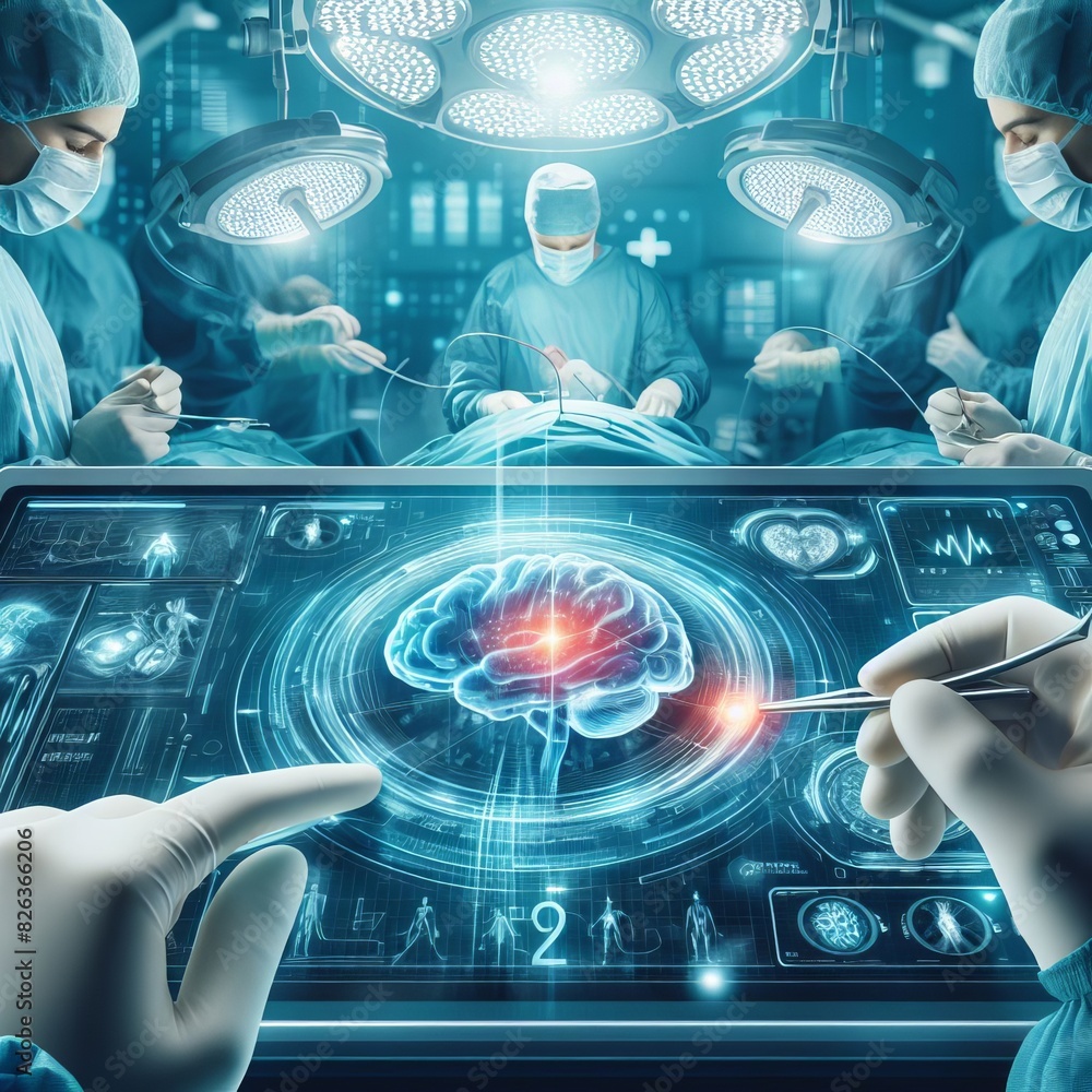 Poster advanced digital interface depicting a futuristic brain surgery with surgeons in the background and 