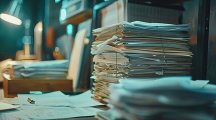 A large stack of neatly organized documents sits on a desk, representing the complexity of financial planning and the advisor's expertise.