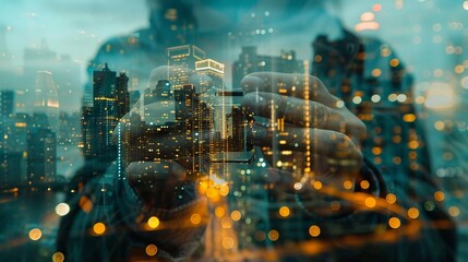 Fototapeta premium Close-up of a photographer's hands developing film, merged with an urban skyline at night, double exposure