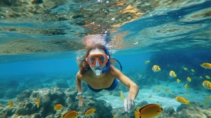 Naklejka premium An action-packed underwater snorkeling photo showcasing a person exploring coral reefs among vibrant fish in clear blue water