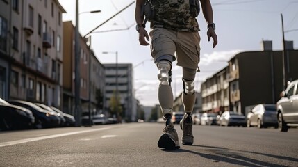 Determined amputee wearing prosthetic legs walking in the middle of a city street during daytime