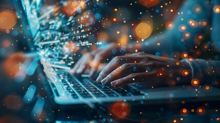 Close-up of a project manager's hands typing on a laptop, double exposure with task management tools and team interactions