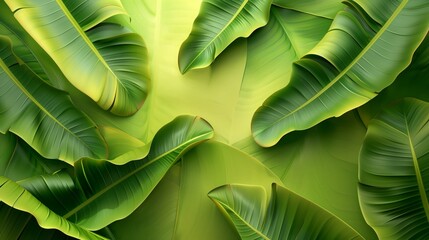 tropical banana leaves creating a vibrant and lush green background

