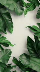 green tropical banana leaves frame a neutral background in a lush pattern