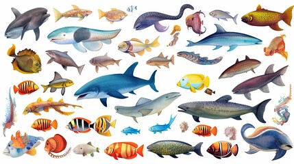 Obraz premium This image showcases a vibrant illustration of assorted fish, showcasing different species in a detailed and artistic manner
