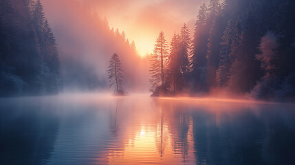 Fototapeta premium A calm lake reflecting the soft hues of dawn, surrounded by misty hills and trees. The rising sun casts a warm, golden glow over the tranquil waters and the serene landscape. 