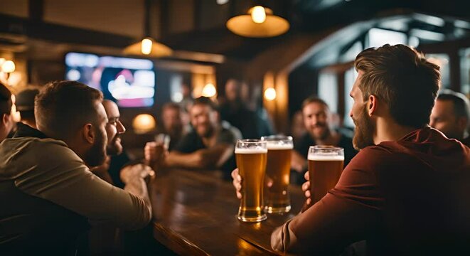 Friends watching a soccer game in a pub with beers.