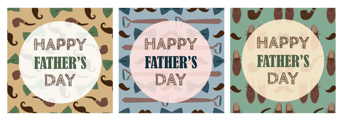 Father's Day cards set, concept with seamless patterns. Men's accessories, mustache. Vector illustration for holiday design