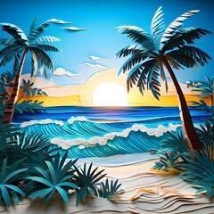 Obraz premium minimalistic paper art illustration of a tropical beach with blue ocean and palm trees