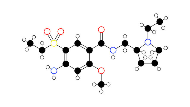 amisulpride molecule, structural chemical formula, ball-and-stick model, isolated image antiemetic