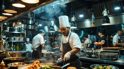 Busy professional kitchen with chefs cooking various dishes. Culinary skills and teamwork showcased in a bustling restaurant environment.