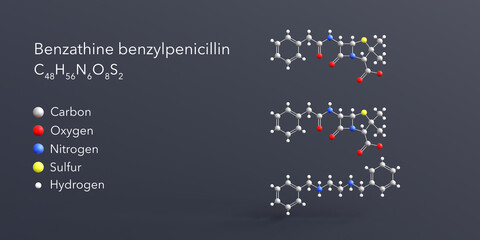 benzathine benzylpenicillin molecule 3d rendering, flat molecular structure with chemical formula and atoms color coding