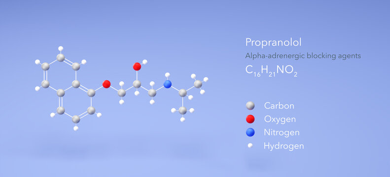 propranolol molecule, molecular structures, beta blocker, 3d model, Structural Chemical Formula and Atoms with Color Coding