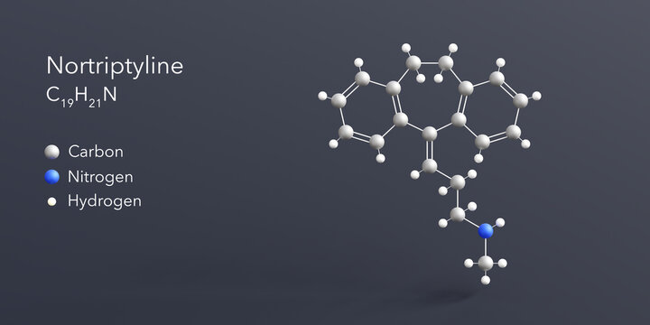 nortriptyline molecule 3d rendering, flat molecular structure with chemical formula and atoms color coding