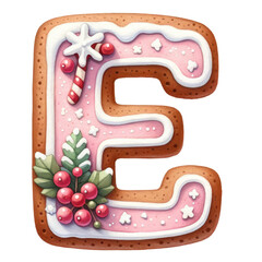 Christmas themed uppercase letter E with pink gingerbread cookie with decorations isolated on transparent background, alphabet clipart