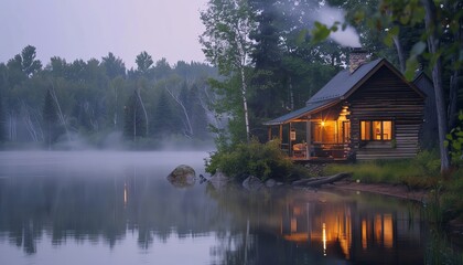 Fototapeta premium Cozy lakeside cabin illuminated at dusk with surrounding trees reflecting on the misty water, creating a serene and tranquil scene.