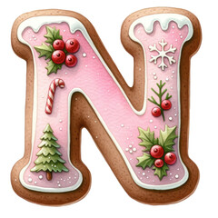 Christmas themed uppercase letter N with pink gingerbread cookie with decorations isolated on transparent background, alphabet clipart