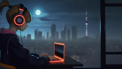 An anime girl, wearing headphones, is sitting at a table, focused on using a laptop computer, a big night city in the background - Powered by Adobe