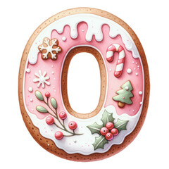 Christmas themed uppercase letter O with pink gingerbread cookie with decorations isolated on transparent background, alphabet clipart