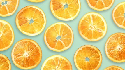 A visually appealing pattern of fresh orange slices, evenly arranged in a repetitive layout. The oranges are thinly sliced, showcasing their juicy, bright orange interiors. The background is a soft pa