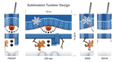 Funny Christmas Snowman. Sublimation design for 20 oz skinny tumbler. Sublimation illustration. Seamless from edge to edge. Full tumbler wrap.