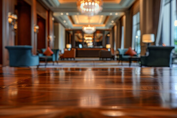 A polished wooden table in the foreground with a blurred background of a luxury hotel lobby. The background includes plush seating, elegant decors, a large chandelier, and a reception desk. 
