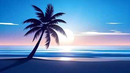 Obraz premium minimalistic paper art illustration of a tropical beach with blue ocean and palm trees