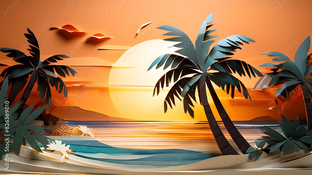 Wall mural minimalistic paper art illustration of a tropical beach with blue ocean and palm trees