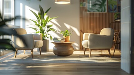 A living room with two white chairs and a wooden coffee table