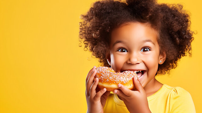 Portrait of a little curly african american smiling girl eating appetizing colourfull donut holds in her hands on a yellow background with place for text. Dieting concept and junk food.