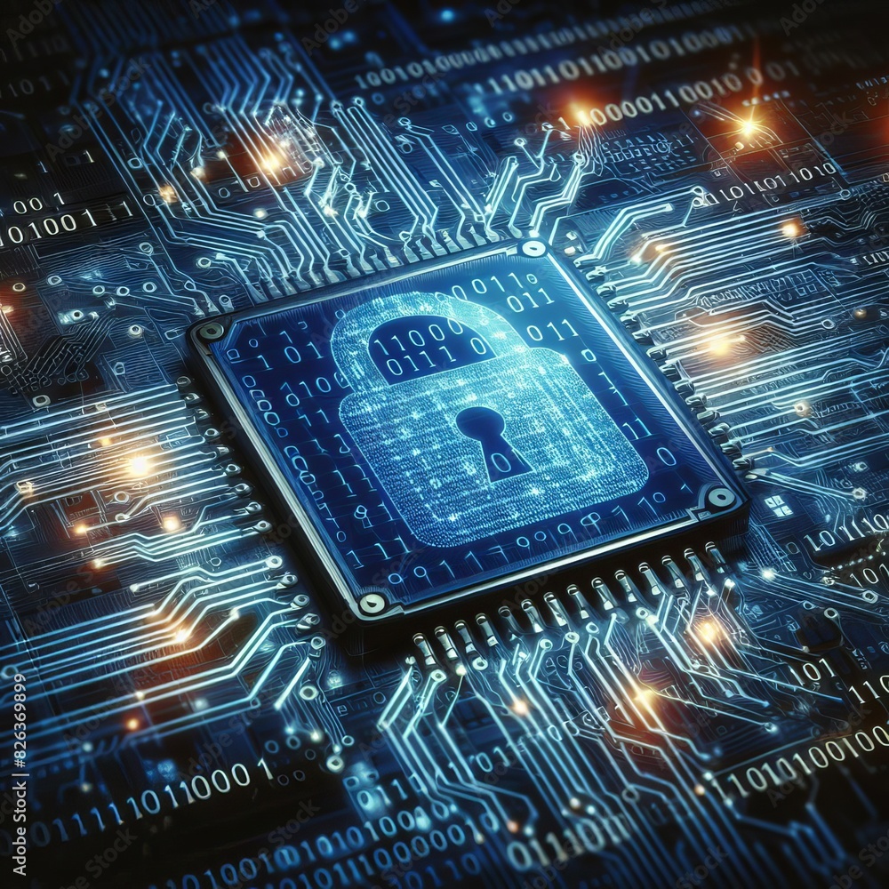 Poster a detailed illustration of a cybersecurity concept, featuring a blue lock icon on a glowing circuit 