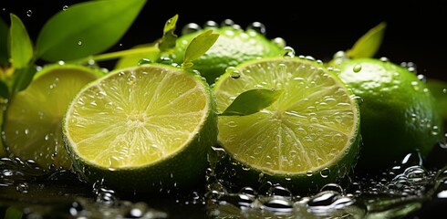 Lime slices with water drops on black background.