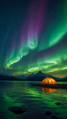 A glowing tent by a calm tranquil lake with the beautiful northern lights dancing in the sky